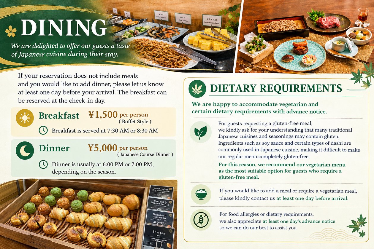 Dining: breakfast buffet and Japanese course dinner, and dietary requirements