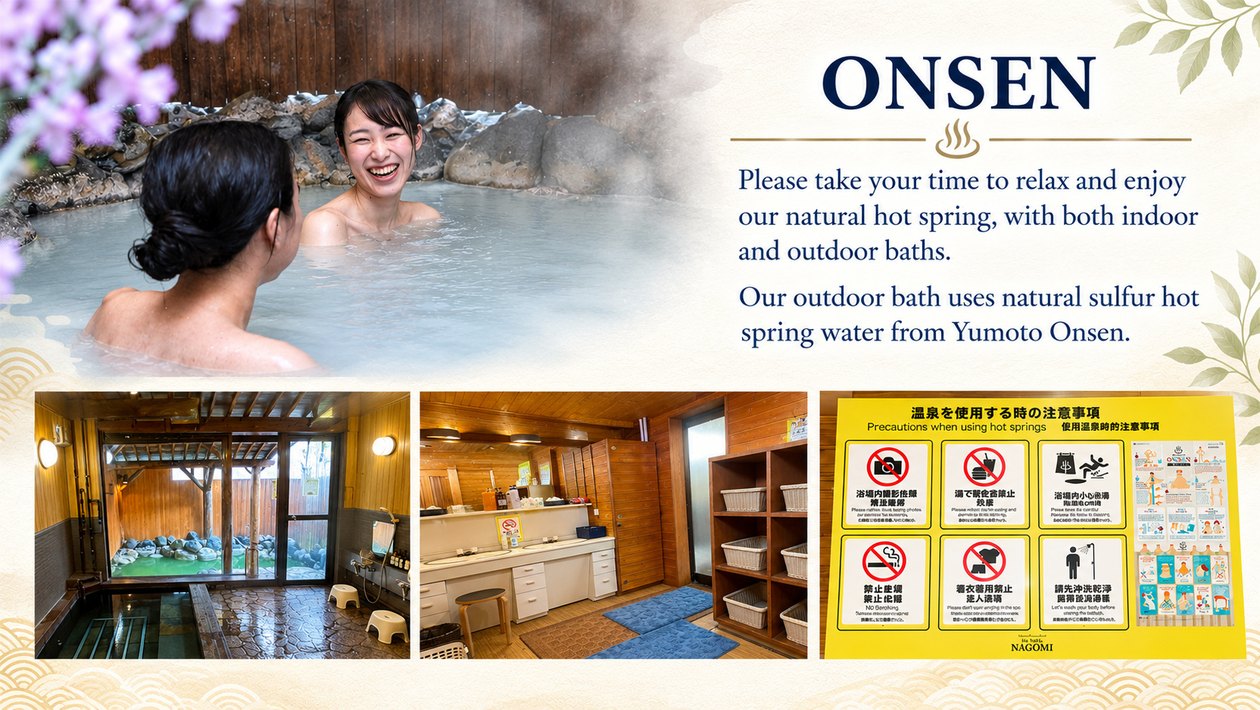 Onsen: indoor and outdoor natural hot spring baths, sulfur water from Yumoto Onsen